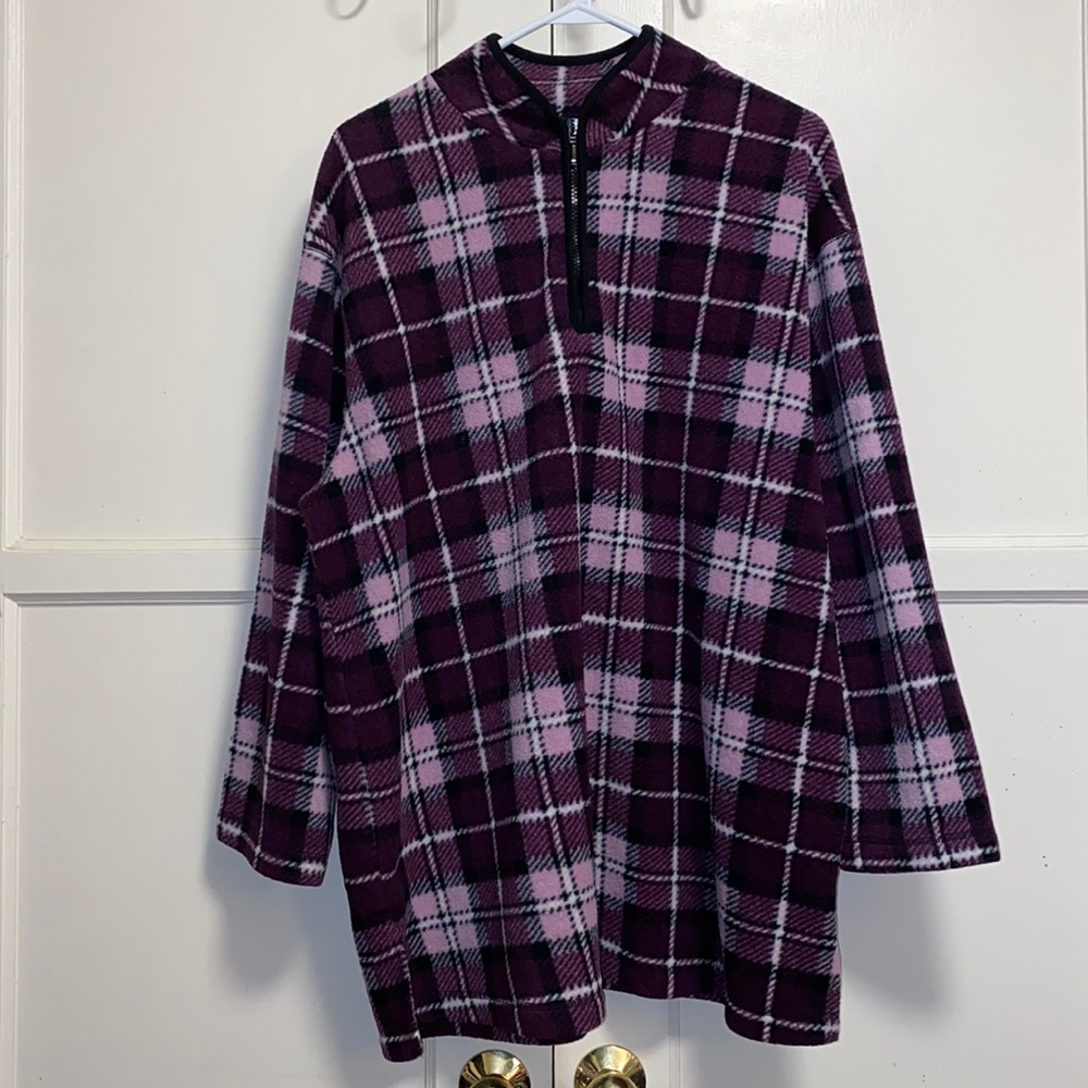 Crossroads Woman 1X Purple White Plaid Half Zip Up Sweater